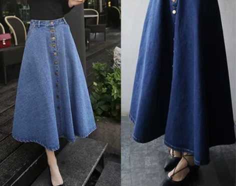 春秋韩版大码中长款单排扣显瘦牛仔高腰半身裙...
