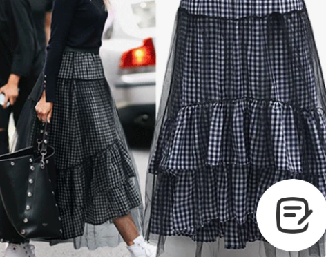 中长款半身裙子女春夏纯棉千鸟格子网纱拼接松...