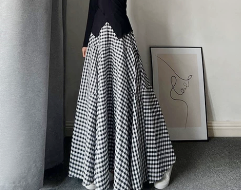 格子半身裙女春秋2022年棉麻大摆裙a字半...