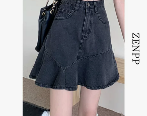 黑色鱼尾牛仔半身裙女夏季高腰显瘦包臀a字短...