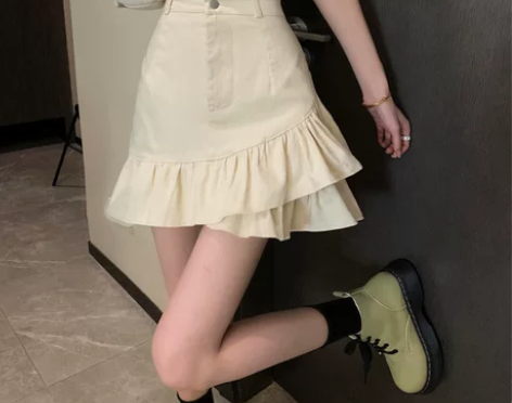 辣妹荷叶边牛仔半身裙春夏白色短裙甜辣高腰短...