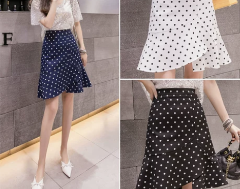 夏季2019新款时尚高腰荷叶边波点鱼尾裙超火不规则A字裙半身...
