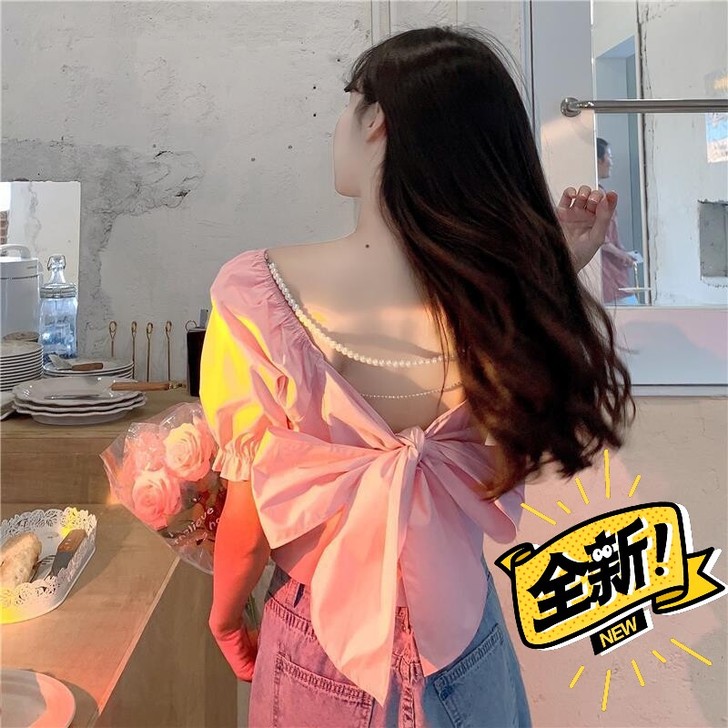 夏季新款设计感洋气系带蝴蝶结超仙短款衬衫女