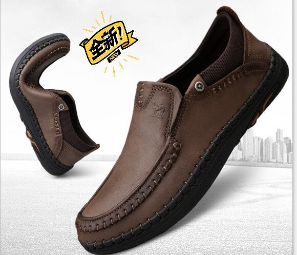 骆驼男鞋真皮软底手工缝线鞋春秋透气套脚商务...