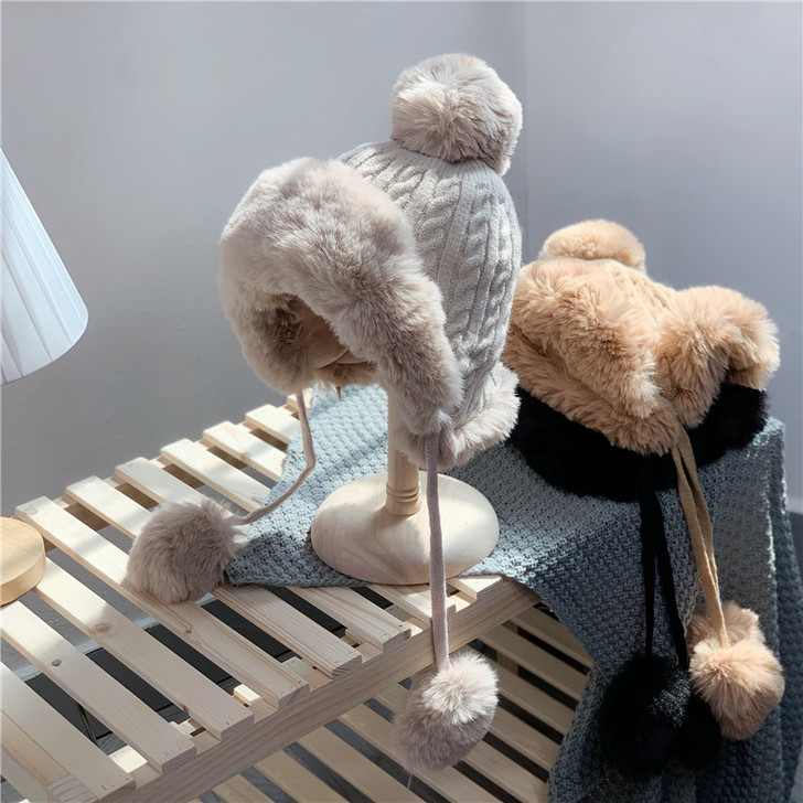 冬季可爱毛绒麻花针织雷锋帽女韩版加厚防风护...