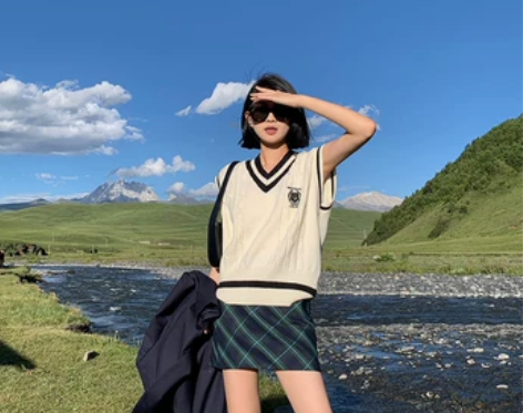 松本可可sbkk 绿色格子半身裙女高腰显瘦...