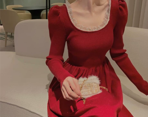 圣诞风红色连衣裙法式复古针织裙女秋冬本命年...