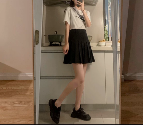 郭九九呢 高腰格子百褶裙女学院风工装裙裤显...