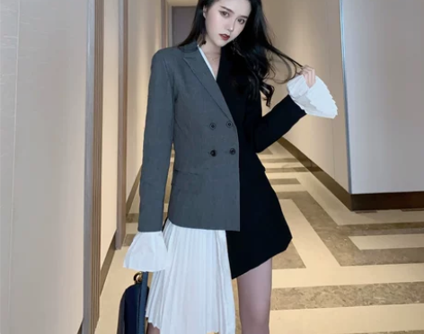 春装新款设计感西装裙外套女英伦风拼接不对…...