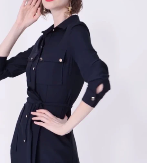 AUI2022新款衬衫裙女春秋中长款时尚女...