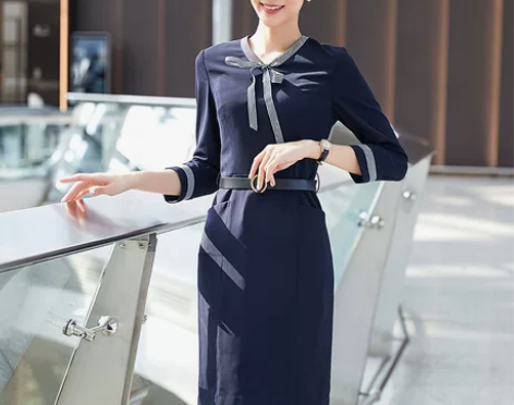 全新 空姐范条纹职业连衣裙女长袖气质ol风...