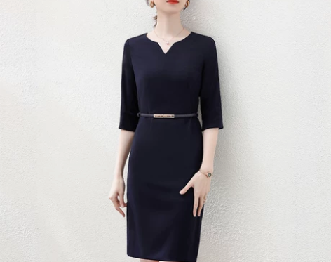 高端中袖职业连衣裙夏季新款V领气质售楼部处...