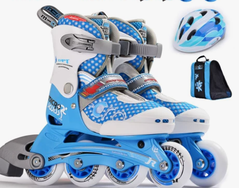 新款米高溜冰鞋儿童全套装 轮滑鞋可调直排轮...