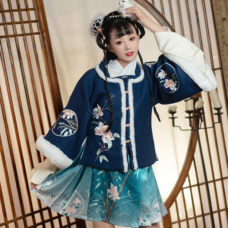 墨子研竹忆汉服女冬装汉元素方领半袖毛呢半臂...