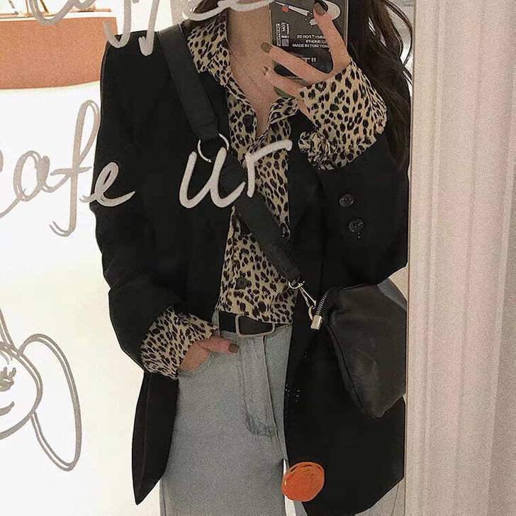 气质长袖豹纹衬衫女秋装新款港味复古宽松中长...
