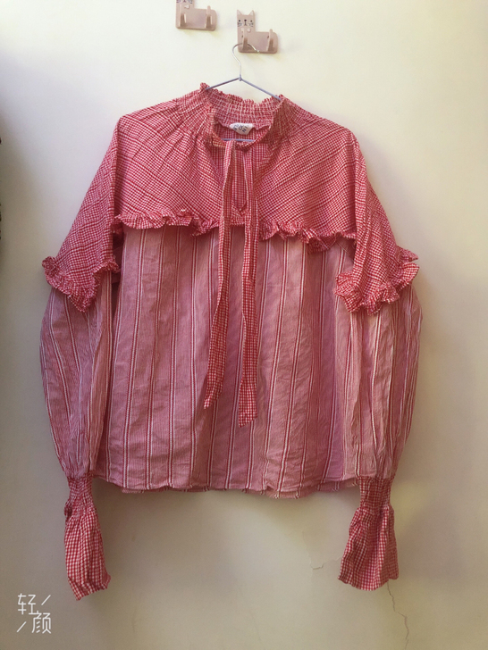 韩国拼接木耳边系带衬衫