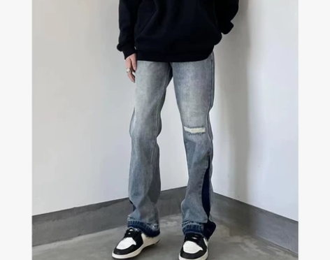 美式复古水洗拼接牛仔裤高街潮牌破洞宽松直筒...