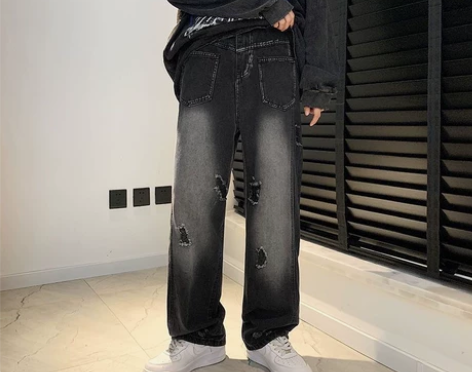 高街嘻哈破洞牛仔裤男美式潮牌设计感潮流痞帅...