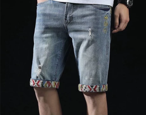 夏季ins薄款刺绣破洞牛仔短裤男弹力修身休...