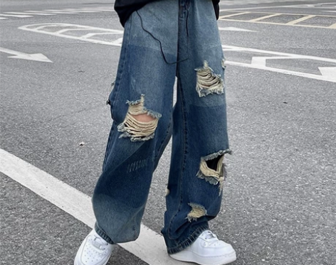 破洞牛仔裤 水洗破洞牛仔裤日系高街做旧直筒...