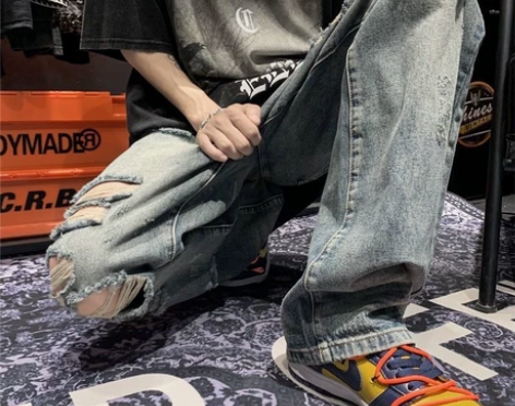 美式高街破洞牛仔裤男宽松潮流百搭ins直筒...