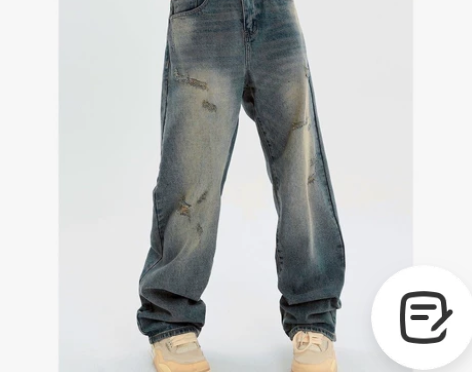 美式高街黄泥做旧水洗复古破洞宽松潮牌直筒牛...