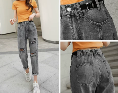 破洞牛仔裤女宽松九分秋季2021年新款韩版...