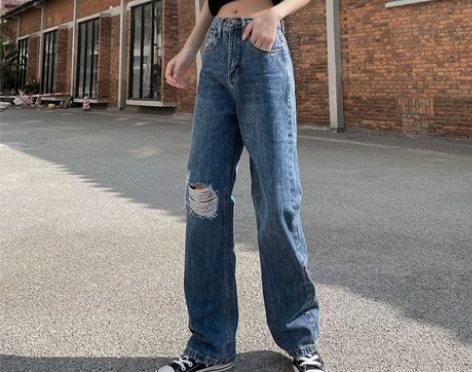 破洞阔腿直筒牛仔裤，裤长101cm，腰围3...