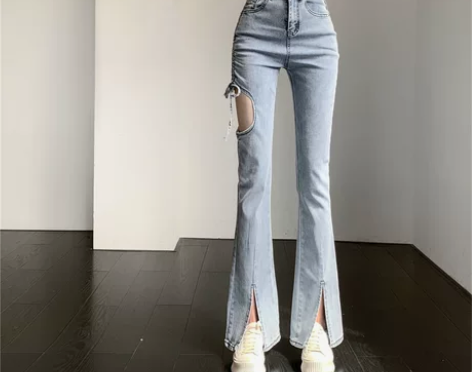 设计感浅色破洞开叉牛仔裤女春装2022新款...