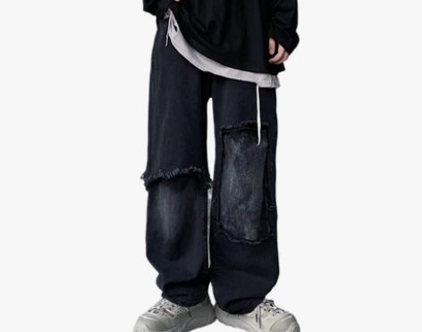 潮牌高街黑色破洞牛仔裤女宽松直筒拼接美式阔...