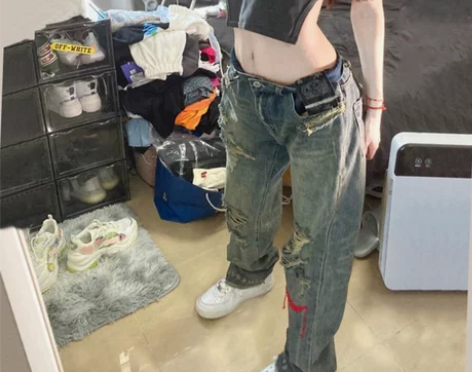 破洞牛仔裤子女夏季薄款ing国潮美式hip...