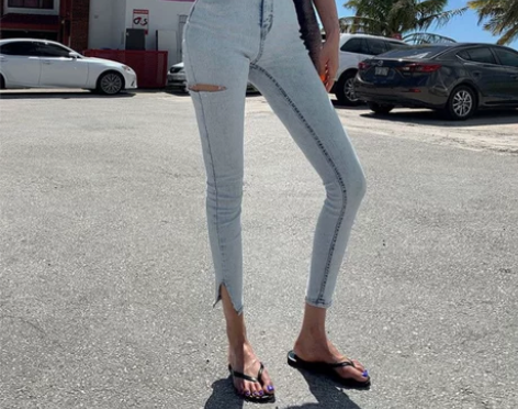 【55价】高腰铅笔裤女收腰牛仔裤春秋季港味...