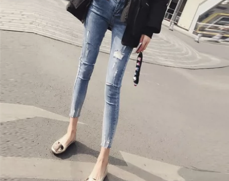 韩国破洞牛仔裤女夏天韩版修身显瘦九分裤弹力...