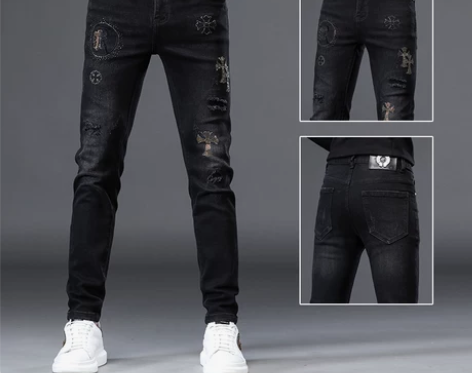 破洞牛仔裤 破洞牛仔裤小脚裤潮牌烫钻男士秋...