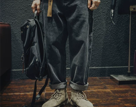 牛仔裤 裤子牛仔裤秋季黑色直筒工装男宽松潮...