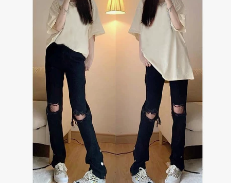 膝盖破洞牛仔裤女春秋直筒设计感高腰显瘦拖地...
