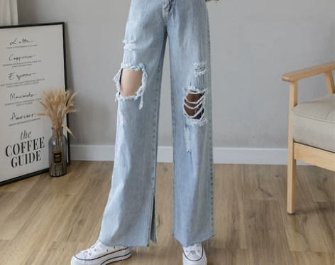 乞丐个性破洞牛仔裤女小个子夏季潮ins薄款高腰直筒宽松阔腿裤...