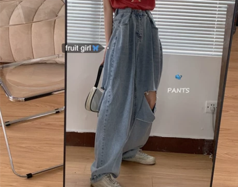 春秋韩版大码胖mm破洞牛仔裤女直筒宽松显瘦...