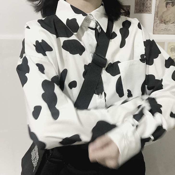 尖领单排扣奶牛印花可爱宽松白色衬衣衬衫