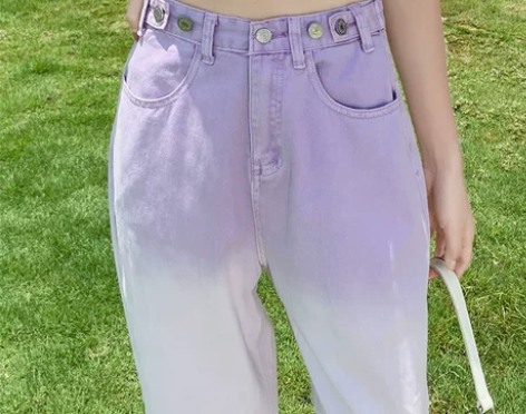 渐变色阔腿牛仔裤女夏季薄款薰衣草紫色欧洲站...