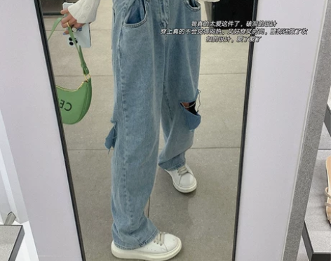 阔腿牛仔裤女2022年新款破洞设计感高腰垂...