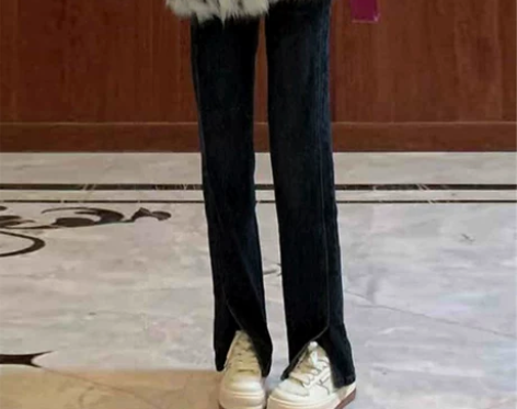 复古chic港味开叉阔腿牛仔裤女高街ins...