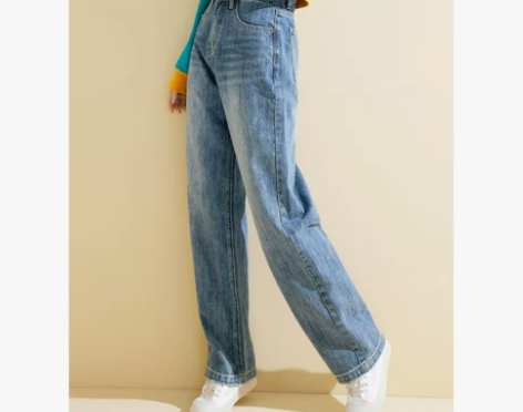 直筒牛仔裤女宽松阔腿高腰休闲复古蓝小个子显...