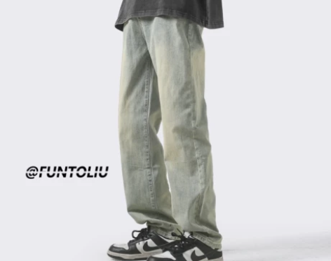vibe黄泥水洗做旧牛仔裤男直筒宽松ins...