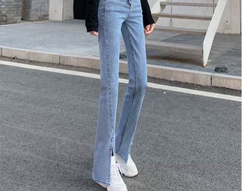 开叉牛仔裤女春装2021年新款宽松高腰垂感...