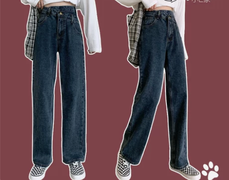 复古深蓝色牛仔裤女2021春季新款不规则高...