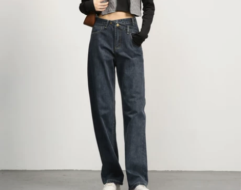 设计感高腰阔腿牛仔裤女直筒宽松显瘦小个子泫...