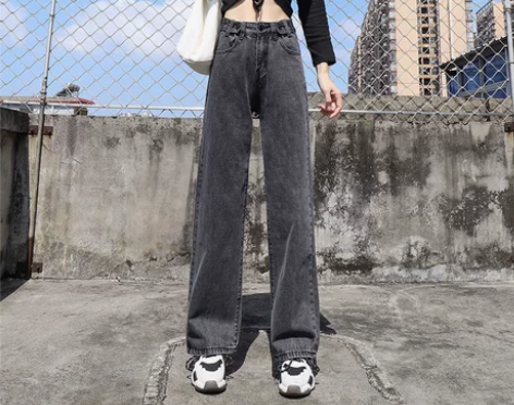 高腰灰色阔腿牛仔裤女宽松显瘦显高春季202...