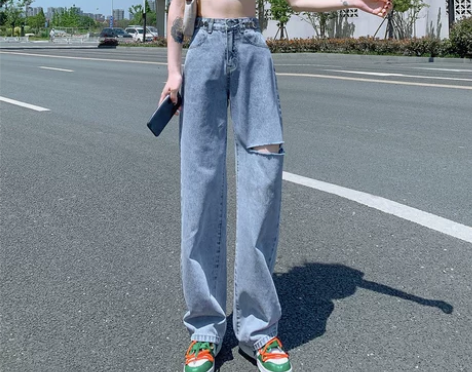 高腰破洞阔腿牛仔裤女夏季薄款直筒裤宽松大码...