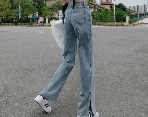 开叉阔腿牛仔裤女直筒宽松泫雅风高腰2021...